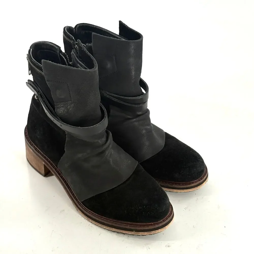 Diba True Copper Tail Suede Boots 7.5 Black Ankle Booties Leather Heel Grunge